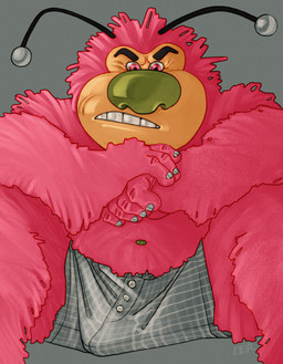 angry antennae_(anatomy) belly big_nose black_eyebrows boxers_(clothing) bulge clothing colored_nails eyebrows frown frowning_at_viewer fur furrowed_eyebrows fuzzy green_navel grey_nails hairy light_face long_fur looking_at_viewer low-angle_view male nails pattern_clothing pattern_underwear pink_body pink_eyes pink_fur plaid plaid_clothing plaid_underwear pose simple_background sitting slightly_chubby slightly_chubby_male solo thick_eyebrows underwear ravuer cartoon_network powerpuff_girls fuzzy_lumpkins humanoid unknown_species absurd_res hi_res pinup