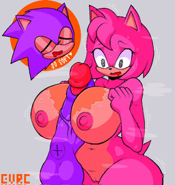 anthro balls big_balls big_penis blue_body blue_fur blue_penis bodily_fluids breast_play breasts duo eyes_closed female fur genital_fluids genitals green_eyes huge_penis looking_pleasured male male/female musk nude nude_female penis pink_body pink_fur sex tail titfuck vulva evrc sega sonic_the_hedgehog_(series) amy_rose sonic_the_hedgehog eulipotyphlan hedgehog mammal hi_res