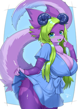 anthro big_breasts blue_clothing blue_dress blue_eyes blush breasts clothed clothing countershade_face countershade_fur countershading cute_fangs dress fangs female female_anthro fur green_hair green_tongue hair horn kemono long_hair looking_at_viewer open_mouth purple_body purple_ears purple_fur simple_background solo teeth tongue horokusa0519 mythology dragon furred_dragon furred_scalie mythological_creature mythological_scalie scalie 2026 hi_res