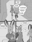 2018 3:4 angry anthro big_breasts breasts canid canine clothed clothing comic dialogue digital_media_(artwork) disney duo english_text female fox freckles_(artist) fully_clothed greyscale huge_breasts judy_hopps lagomorph leporid male mammal monochrome nick_wilde open_mouth rabbit red_fox text true_fox zootopia