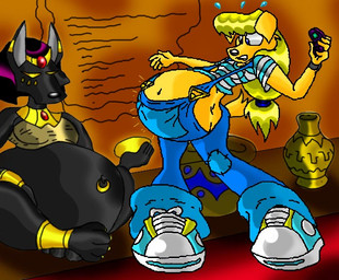 anthro belly big_belly black_body black_fur blonde_hair bodily_fluids cellphone clothing duo electronics female footwear fur hair navel overalls phone pregnant rapid_pregnancy shirt shoes sitting sneakers sweat topwear virus-20 egyptian_mythology middle_eastern_mythology mythology anubis gloria_(virus-20) anubian_jackal bird_dog canid canine canis deity domestic_dog golden_retriever hunting_dog jackal mammal retriever 2006 digital_media_(artwork)