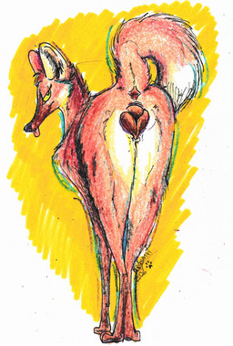 anatomically_correct anatomically_correct_genitalia anatomically_correct_vulva animal_genitalia animal_vulva anus bedroom_eyes brown_anus brown_body brown_fur brown_vulva butt canine_genitalia canine_vulva female feral fur genitals multicolored_body multicolored_fur narrowed_eyes orange_body orange_fur paws presenting presenting_hindquarters presenting_vulva raised_tail seductive simple_background solo tail tongue tongue_out toony vulva white_body white_fur yellow_background regsmutt canid canine mammal maned_wolf 2026 crayon_(artwork) hi_res marker_(artwork) mixed_media traditional_media_(artwork)
