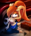 aged_up anthro anthrofied biped bodily_fluids breasts brown_eyes car cleavage clothed clothing female hair kneeling looking_at_viewer ponytail solo sweat tools vehicle wrench nancher sega sonic_the_hedgehog_(series) cream_the_rabbit lagomorph mammal