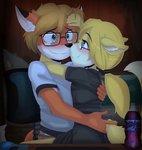 anthro black_clothing blonde_hair blue_eyes blush bottomwear clothed clothing cuddling dipstick_ears duo ear_markings eyewear female fur glasses hair hug implied_incest inner_ear_fluff inside male multicolored_ears on_lap orange_body orange_ears orange_fur shirt smile tail topwear tuft white_body white_fur white_inner_ear_fluff yellow_body yellow_fur yellow_tail young young_anthro gothbunnyboy ketzio david_(foxhound824) polymorph canid canine fox mammal absurd_res hi_res brother_(lore) brother_and_sister_(lore) incest_(lore) sibling_(lore) sister_(lore)