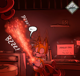 anthro blue_gem body_size_growth chaos_emerald clothing computer computer_keyboard computer_monitor dialogue electronics fur gem gloves growth growth_ray handwear laboratory laser light light_beam male red_light scientific_experiment size_transformation solo speech_bubble tail text transformation yellow_body yellow_fur pacheco sega sonic_the_hedgehog_(series) miles_prower canid canine fox mammal english_text hi_res sequence