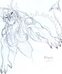 anthro big_breasts breasts featureless_breasts featureless_crotch female hair horn markings non-mammal_breasts nude open_mouth scales solo tail ventral_scales blyzzarde mythology blyzzarde_(character) dragon mythological_creature mythological_scalie scalie 2005 sketch traditional_media_(artwork)