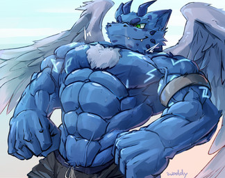 abs anthro biceps bodily_fluids bulge chest_tuft clothed clothing feathered_wings feathers growth horn male muscle_growth muscular muscular_male pecs solo sweat topless tuft wings waddledox mythology dragon mythological_creature mythological_scalie scalie 2021 hi_res