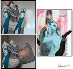 anthro blue_eyes duo female feral group hand_on_leg heterochromia legs_up male male/female meme_pose orange_eyes aydaharart american_psycho mythology aydahar blench yel` avian dragon gryphon hybrid mythological_avian mythological_creature mythological_scalie reptile scalie snake hi_res