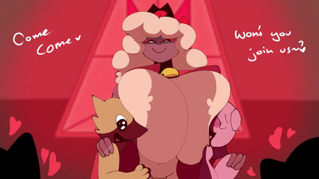 anthro bell big_breasts black_eyes bouncing_breasts breasts cape clothing dialogue female front_view fur grey_body grey_fur group heart_symbol horizontal_pupils horn huge_breasts pupils red_cape red_clothing red_horn red_sclera smile text thick_thighs trio white_body white_fur wide_hips mochimelted cult_of_the_lamb massive_monster_(studio) lamb_(cult_of_the_lamb) bovid caprine mammal sheep 16:9 2d_animation animated frame_by_frame no_sound short_playtime video widescreen