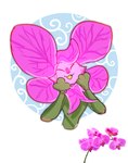 ambiguous_gender anthro cheek_tuft eyes_closed facial_tuft flower flower_(anatomy) green_body hand_on_cheek open_mouth open_smile orchid_(flower) pedals petals plant simple_background smile solo tuft xing1 elemental_creature flora_fauna lagomorph leporid mammal rabbit absurd_res hi_res