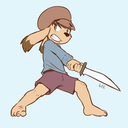 anthro clothing green_eyes male melee_weapon monotone_background smile solo standing sword teeth weapon young young_anthro young_male iztli canid canine canis domestic_dog mammal 1:1 2015 signature
