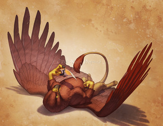 4_toes beak brown_body brown_feathers feathered_wings feathers feet feral lying on_back simple_background solo toes wings yellow_eyes katie_hofgard mythology avian gryphon mythological_avian mythological_creature 2015 digital_media_(artwork)