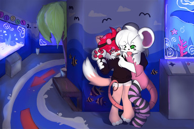 anthro aquarium arm_grab black_clothing black_sweater black_topwear clothing duo eyewear eyewear_on_head femboy femboy/femboy footwear fur goggles goggles_on_head green_eyes hair legwear male male/male pattern_clothing pattern_footwear pattern_legwear pattern_socks pink_body pink_clothing pink_fur pink_shirt pink_topwear rat_tail red_eyes red_hair shirt socks striped_clothing striped_footwear striped_legwear striped_socks stripes sweater tail teasing topwear vivarium white_body white_fur dingolingus reggie_(whygena) skye_(sherb_art) felid feline mammal mouse murid murine rat rodent 3:2 absurd_res hi_res