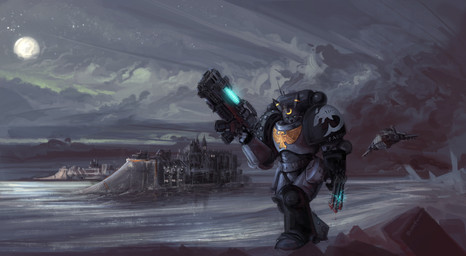 adeptus_astartes aircraft anthro armor astartes atmospheric backpack black_body blood bodily_fluids boots breastplate claws clothing cloud detailed_background elbow_pads footwear gauntlets gloves gold_(metal) gothic_architecture gun handwear holding_gun holding_object holding_ranged_weapon holding_weapon knee_pads looking_at_viewer machine male melee_weapon moon night outside plasma_gun power_armor ranged_weapon sea shoes solo space_marine space_marine_armor spacecraft star vehicle walking water weapon drunk_ferret nintendo pokemon warhammer_(franchise) warhammer_40000 carcharodons_(warhammer_40k) farn eeveelution generation_2_pokemon pokemon_(species) umbreon 2025 digital_media_(artwork) hi_res