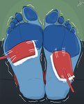 5_toes anthro blue_body blue_fur blue_pawpads brush brushing brushing_feet claws feet foot_fetish foot_focus fur male motion_lines pawpads plantigrade restrained restrained_feet restraints solo stocks tickle_fetish tickle_torture tickling tickling_feet toe_claws toes ghostofcastro mammal procyonid raccoon absurd_res hi_res