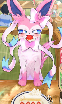 ambiguous_gender blue_body blue_fur blue_sclera blush blush_lines cake_slice cutlery dairy_products eyelashes female feral food fork fruit fur group kitchen_utensils looking_at_viewer paws pink_body pink_ears pink_fur pink_tail plant ribbons_(anatomy) smile solo_focus strawberry tail tools whipped_cream white_eyes namekuj1hey nintendo pokemon eeveelution generation_2_pokemon generation_6_pokemon human mammal phanpy pokemon_(species) sylveon 3:5 hi_res