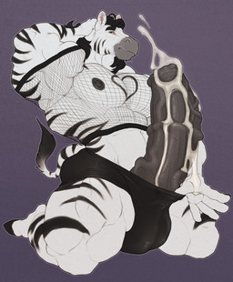 animal_genitalia animal_penis anthro barazoku big_muscles big_penis black_bottomwear black_clothing black_hair black_hooves black_nipples black_stripes bodily_fluids bottomwear bulge clothing cum cum_on_own_penis cum_on_penis cum_on_self cumshot ejaculation equine_genitalia equine_penis fishnet_clothing fishnet_topwear fur genital_fluids genitals green_eyes grey_penis hair hand_behind_head hooves huge_muscles huge_penis inner_ear_fluff kneeling male male_anthro markings medial_ring mouth_closed muscular muscular_anthro muscular_male nipples nude penis purple_background simple_background solo striped_arms striped_body striped_fur striped_legs striped_markings striped_tail stripes tail tail_markings topwear tuft vein veiny_penis white_body white_inner_ear_fluff gryblak equid equine mammal zebra hi_res