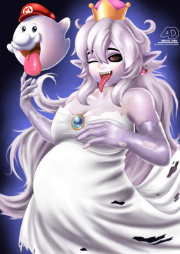 5_fingers armwear belly big_belly black_eyes clothing crown duo ear_piercing ear_ring elbow_gloves female fingers floating gloves hair handwear headgear humanoid_pointy_ears long_hair male male/female not_furry piercing pointy_ears pregnant ring_piercing tongue tongue_out torn_clothing arrowdark mario_bros nintendo boosette boo_(mario) ghost humanoid spirit absurd_res hi_res