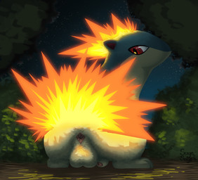 anus backsack balls blue_body blue_ears butt countershading crouching detailed_background elemental_manipulation feral fire fire_manipulation flaccid floor fluffy foreskin genitals glans glistening glistening_eyes looking_back low-angle_view male night nude nude_male outside partially_retracted_foreskin penis pink_anus pink_glans plant presenting presenting_anus presenting_balls presenting_hindquarters pupils realistic rear_view red_eyes red_inner_ear shrub sitting sky slit_pupils solo star starry_sky tan_balls tan_body tan_countershading tree urethra white_sclera soyesoye nintendo pokemon generation_2_pokemon pokemon_(species) quilava 2026 colored digital_media_(artwork) digital_painting_(artwork) hi_res lineless painting_(artwork) shaded