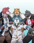 anthro black_body black_fur blue_body blue_fur body_hair chest_hair chest_tuft clothing fur group male red_body red_fur teacher tuft white_body white_fur grausummon knights_college argo_northrop diederich_olsen grantly_bell theo_prinz_von_hirschreich canid canine felid mammal pantherine tiger 2021