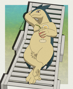 3_toes anthro belly beverage blue_face chair claws container cup drinking_straw feet food fruit furniture holding_object lemon looking_at_viewer male plant red_eyes relaxing simple_background smile smiling_at_viewer solo tan_arms tan_belly tan_body tan_chest tan_face tan_feet tan_hands tan_legs tan_soles text toe_claws toes white_chair darlan_space nintendo pokemon generation_2_pokemon pokemon_(species) typhlosion 2026 artist_name colored digital_drawing_(artwork) digital_media_(artwork) hi_res shaded signature