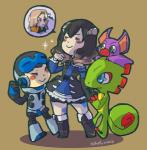 black_hair blonde_hair blue_eyes blush clothing dress exclamation_point female green_eyes group hair machine male multicolored_hair question_mark smile two_tone_hair mikoto-tsuki bloodstained:_ritual_of_the_night castlevania konami mighty_no._9 playtonic_games yooka-laylee alucard_(castlevania) beck_(mighty_no._9) laylee miriam_(bloodstained) yooka bat human humanoid lizard mammal reptile robot scalie crossover