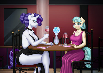 alcohol anthro anthrofied beverage blue_hair blush breasts chair clothed clothing container crossed_legs cup cutlery dress drinking_glass duo eye_contact eyebrows eyelashes female fingers fork furniture glass glass_container glass_cup hair horn kitchen_utensils long_hair looking_at_another purple_hair sitting smile tan_body tools white_body wine wine_glass pia-sama friendship_is_magic hasbro my_little_pony mythology coco_pommel_(mlp) rarity_(mlp) equid equine mammal mythological_creature mythological_equine unicorn digital_media_(artwork)