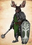 anthro armor belt brown_body brown_eyes brown_fur cape clothing fur jewelry knight male medieval morgenstern necklace paladin shield solo warrior ziegelzeig borgen_antlerson_(shevron) deer mammal moose new_world_deer