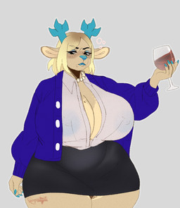 2_horns 5_fingers alcohol anthro antlers beverage big_breasts big_nipples biped black_bottomwear black_clothing black_eyebrows black_eyes black_miniskirt black_skirt blonde_hair blue_antlers blue_clothing blue_eyeshadow blue_fingernails blue_horn blue_jacket blue_lips blue_lipstick blue_nails blue_nose blue_topwear bottomwear breasts bubble button_(fastener) cleavage clothed clothed_anthro clothed_female clothing collared_shirt colored_fingernails colored_nails container cup drinking_glass drunk drunk_bubble erect_nipples eyebrow_through_hair eyebrows eyelashes eyeshadow female fingernails fingers full_cleavage fully_clothed fully_clothed_anthro fully_clothed_female fur gem glass glass_container glass_cup glistening glistening_eyes glistening_lips glistening_nose grey_background hair half-closed_eyes holding_beverage holding_container holding_cup holding_drinking_glass holding_glass holding_object holding_wine_glass horn huge_breasts humanoid_hands iris jacket jewelry legs_together light_body light_fur light_hair lips lipstick looking_at_viewer makeup markings mature_anthro mature_female medium_hair miniskirt mole_(marking) mole_on_breast mole_under_mouth monotone_background nails narrowed_eyes necklace nipple_outline nipples no_pupils open_clothing open_jacket open_shirt open_topwear outline pearl_(gem) pearl_necklace shirt simple_background skirt snout solo substance_intoxication tan_body tan_breasts tan_ears tan_fur tan_inner_ear text thick_bottom_lip thick_thighs three-quarter_view topwear translucent translucent_hair white_clothing white_jewelry white_necklace white_outline white_sclera white_shirt white_topwear wine wine_glass gatoradeew deltarune undertale_(series) carol_holiday deer mammal new_world_deer reindeer 2025 artist_name digital_drawing_(artwork) digital_media_(artwork) hi_res portrait three-quarter_portrait