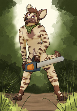 anthro casual_nudity chainsaw convenient_censorship front_view kerchief kerchief_only male nude outside power_tool smile solo standing tools pickles-hyena chip_(pickles-hyena) african_wild_dog canid canine hybrid hyena mammal full-length_portrait hi_res portrait