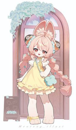 ahoge anthro barefoot braided_pigtails clothed clothed_anthro clothed_female clothing dress feet female flat_chested fully_clothed fully_clothed_anthro fully_clothed_female fur hair inner_ear_fluff pink_body pink_fur pink_hair red_eyes tuft yellow_clothing yellow_dress meoreng_illust mihoyo zenless_zone_zero zhao_(zenless_zone_zero) lagomorph leporid mammal rabbit thiren absurd_res hi_res