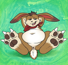 abstract_background anthro anus anus_only belly big_belly brown_body brown_fur buckteeth claws featureless_crotch feet fur green_background half-closed_eyes kerchief long_ears lounging male narrowed_eyes navel neckerchief neckwear open_mouth pawpads paws presenting relaxing semi-anthro short_tail simple_background slightly_chubby solo spread_legs spreading tail tan_body tan_fur teeth toe_claws yagi-no-baka monster_rancher tecmo hare hare_(monster_rancher) lagomorph leporid mammal