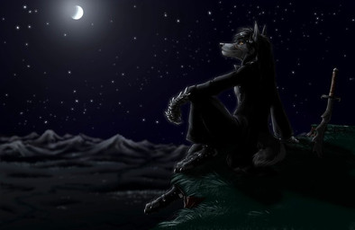 anthro biped cliff dark grass landscape male melee_weapon moon night outside plant sitting sky solo star stargazing starry_sky sword tail weapon fuckie canid canine canis mammal wolf dark_theme