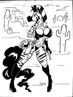 alternate_universe bikini breasts cleavage clothed clothing female gun ranged_weapon solo swimwear two-piece_swimsuit weapon liechi fallout fallout_equestria hasbro microsoft my_little_pony lars_(code-shark101) equid equine horse mammal zebra absurd_res black_and_white hi_res monochrome