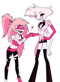 1_eye 4_arms chest_tuft duo female fist_bump gesture male multi_arm multi_limb sharp_teeth simple_background teeth tuft white_background enaic31 hazbin_hotel hellaverse angel_dust cherri_bomb_(hazbin_hotel) arachnid arthropod cyclops demon demon_humanoid humanoid spider absurd_res hi_res
