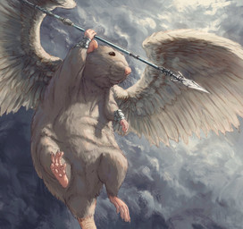 4_fingers ambiguous_gender black_eyes cloud detailed_background feathered_wings feathers feral fingers flying holding_object holding_weapon melee_weapon outside polearm sky solo spear weapon wings nejumipro mammal murid murine rat rodent 2022 hi_res