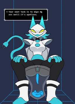 anthro anus dialogue dialogue_box feces feces_in_ass feces_in_toilet feces_pile female genitals glowing glowing_feces glowing_genitalia glowing_vulva imminent_oral imminent_rimming looking_at_viewer pooping pooping_in_toilet sitting sitting_on_toilet solo tail talking_to_viewer toilet toilet_use unusual_feces vulva wiping_butt stucknmucky deltarune undertale_(series) tasque_manager digital_creature domestic_cat felid feline felis mammal hi_res