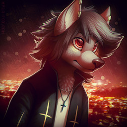 anthro black_clothing black_jacket black_topwear clothed clothing ear_piercing fur glistening glistening_eyes glistening_nose grey_hair grey_nose hair jacket jewelry male mouth_closed necklace piercing raining red_eyes solo text topwear white_body white_clothing white_fur white_topwear mylafox canid canine canis mammal wolf 1:1 2017 half-length_portrait portrait url