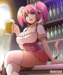 5_fingers alcohol bar barmaid beer beverage big_breasts blouse blue_eyes bottomwear breasts cleavage clothed clothing crossed_legs female fingers fully_clothed hair holding_beverage holding_object horn legwear looking_at_viewer on_bar_counter open_mouth open_smile pale_skin pigtails pink_hair sitting skirt smile solo stockings thigh_highs topwear doctorzexxck deviant_hearts lola_(drzexxck) animal_humanoid bovid bovid_humanoid bovine bovine_humanoid humanoid mammal mammal_humanoid digital_media_(artwork) hi_res signature