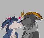 anthro black_nose blonde_hair blue_body blue_fur blue_hair boop brow_hair cute_fangs duo fangs fluffy fluffy_chest fluffy_ears fur grey_background grey_body grey_fur hair heart_symbol horn kissing love male male/male mouth_closed neck_tuft nose_boop orange_hair red_horn simple_background slim teeth tuft white_body white_fur nemejchyk_(artist) jaycemutt nemejchyk canid canine canis domestic_cat felid feline felis fox hybrid mammal wolf