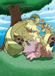 anthro duo fluffy fur hair hair_over_eyes horn long_ears male pawpads sitting size_difference yellow_body yellow_fur portugueselynx bandai_namco digimon angoramon digimon_(species) lagomorph leporid lopmon mammal rabbit hi_res