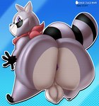 anthro balls big_balls big_butt black_eyes blue_background bottom_heavy butt fur genitals grey_body grey_fur huge_butt hyper hyper_butt kerchief kerchief_only logo looking_away male mostly_nude obese outline overweight pupils purple_pupils red_kerchief simple_background smile smiling_at_viewer solo thick_thighs wide_hips orangejuicemann indigo_park rambley_raccoon mammal procyonid raccoon 2024 absurd_res artist_logo artist_name dated digital_media_(artwork) hi_res