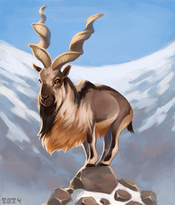 amber_eyes ambiguous_gender black_body black_fur black_nose feral fluffy fur grey_body grey_fur horn multicolored_body multicolored_fur orange_body orange_fur rock short_tail snow solo spiral_horn tail alexpahomov bovid caprine goat mammal markhor 2024 hi_res
