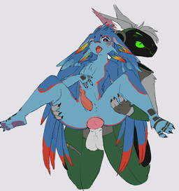 abdominal_bulge ahegao anal anal_penetration anthro bulge character_name:timdead duo genitals hand_on_belly holding_person knot knotted_penis looking_pleasured machine male male/male penetration penis sex standing standing_sex tongue tongue_out azaniisan vtuber ancient_nick avali avian canid canine canis mammal protogen wolf