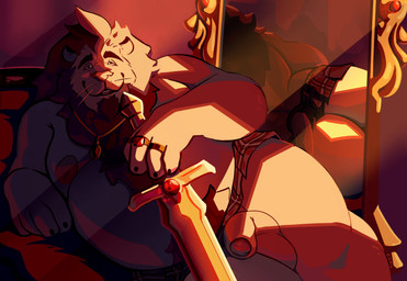 anthro balls bottomwear butt chest_tuft clothed clothing facial_hair genitals goatee gold_(metal) gold_jewelry hair humanoid_genitalia humanoid_penis jewelry kilt looking_at_viewer male mane melee_weapon mirror moobs mostly_nude necklace nipples overweight overweight_anthro overweight_male penis pubes reflection ring solo sword topless tuft weapon chocolateandmilk felid lion mammal pantherine absurd_res hi_res