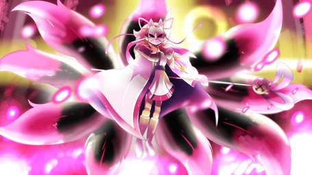 9_tails animal_mask anthro asian_clothing bell boots bow_ribbon breasts cape clothed clothing dipstick_tail east_asian_clothing female flying footwear fox_mask fur hair japanese_clothing kimono light looking_at_viewer magic markings mask multi_tail pointy_ears prick_ears red_clothing red_kimono red_yukata shoes shrine_maiden solo staff tail tail_markings white_clothing white_kimono white_yukata yukata tntvale undertale undertale_(series) undertale_yellow ceroba_ketsukane_(kitsune_form) canid canine fox fox_spirit mammal 16:9 digital_media_(artwork) hi_res widescreen