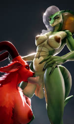 abs ambiguous_fluids anthro big_ears blonde_hair breasts duo female fluffy fur genitals glowing glowing_eyes green_body green_skin grey_eyes gynomorph hair horn humanoid_genitalia humanoid_penis intersex intersex/female long_nails markings nipples oral oral_penetration penetration penis red_body red_eyes red_fur simple_background striped_markings stripes sladdoska carolitta_(slad) chert_(slad) bovid caprine cobra mammal reptile scalie snake 3:5 3d_(artwork) 3d_animation animated digital_media_(artwork) hi_res loop no_sound short_playtime webm