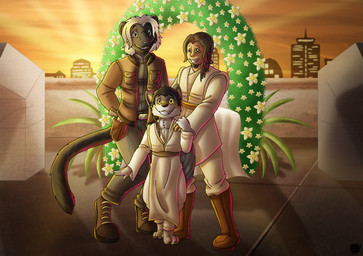 anthro barefoot belt black_body black_fur black_hair boots brown_hair building city clothing digitigrade feet footwear fur grey_body grey_fur group gun hair holster jacket jedi male padawan pavilion ranged_weapon robe shirt shoes skyscraper smile sunset topwear trio tunic weapon wedding white_hair yellow_eyes young young_anthro young_male valy_j._thunderbeast star_wars bran_surnahm fan_character kajex_surnahm kane_surnahm canid canine canis felid human kanj'isha mammal pantherine trianii wolf absurd_res hi_res