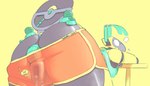 anthro arms_on_table bent_over big_butt blush blush_lines bodily_fluids bottomwear bottomwear_down bra butt butt_focus clothed clothing clothing_entrapment duo entrapment female furniture long_ears looking_back machine mechanophilia orange_bottomwear orange_clothing orange_shorts partially_clothed robophilia shorts shorts_down simple_background size_difference table thick_thighs underwear yellow_background sofmallow moon_(sofmallow) humanoid phonodroid robot 2025 absurd_res digital_drawing_(artwork) digital_media_(artwork) hi_res