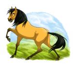 abstract_background ambiguous_gender black_hair feral fur grass hair hooves looking_at_viewer orange_body orange_fur plant smile solo adlynh dreamworks spirit:_stallion_of_the_cimarron spirit_(cimarron) equid equine horse mammal 2010